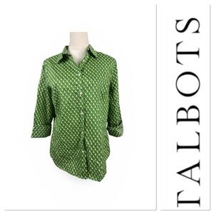 🆕 Talbots green button down tab sleeve top with whimsical dog print size 12